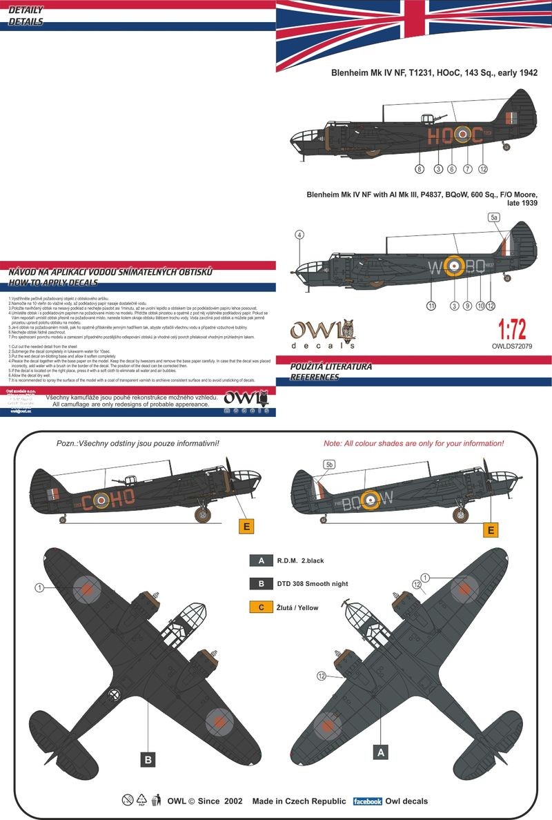 Accessoires - Décal Bristol Blenheim Mk.IV Nightfighter HDoO ou BQoW (