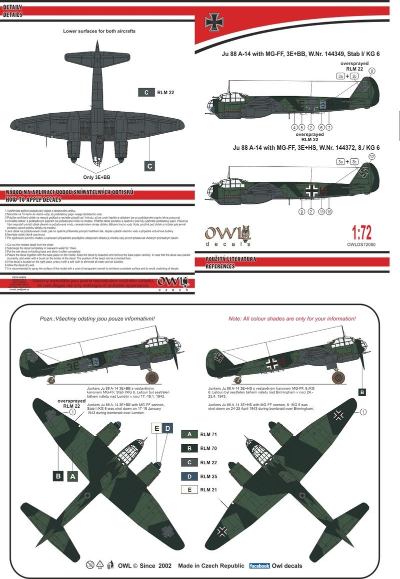 Accessoires - Décal Junkers Ju-88A-14 avec MG FF (KG 6) 3E + BB ou 3E 