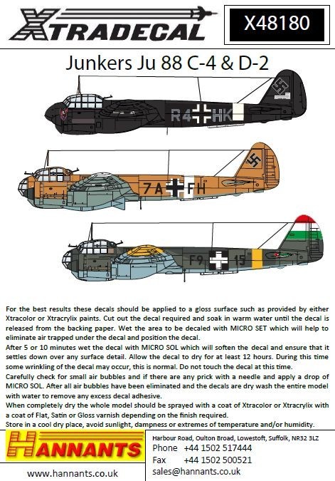 Accessoires - Décal Junkers Ju-88C / D (8) Ju-88C-4 R4 + BL 3 / NJG 2 