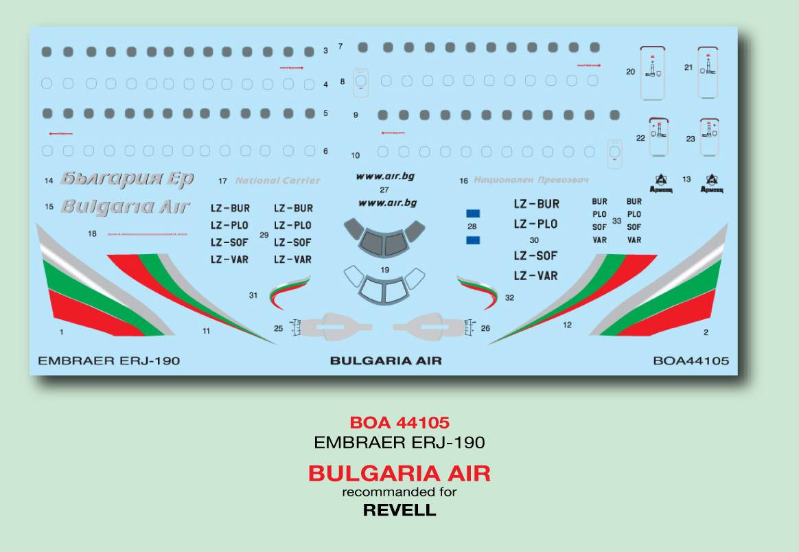 Accessoires - Décal Embraer ERJ-190 Bulgarie Air (conçu pour être util