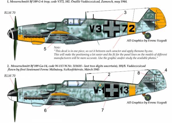 Accessoires - Décal Messerschmitt Bf-109G-6 / Bf-10G-14 (V3 + 72; W1 +