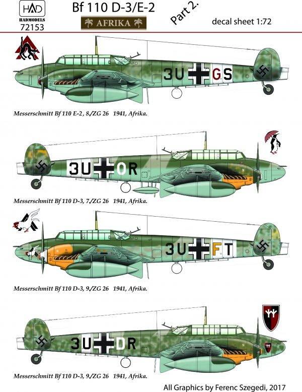 Accessoires - Décal Messerschmitt Bf-110D-3 Afrique partie 2-1/72-HAD 