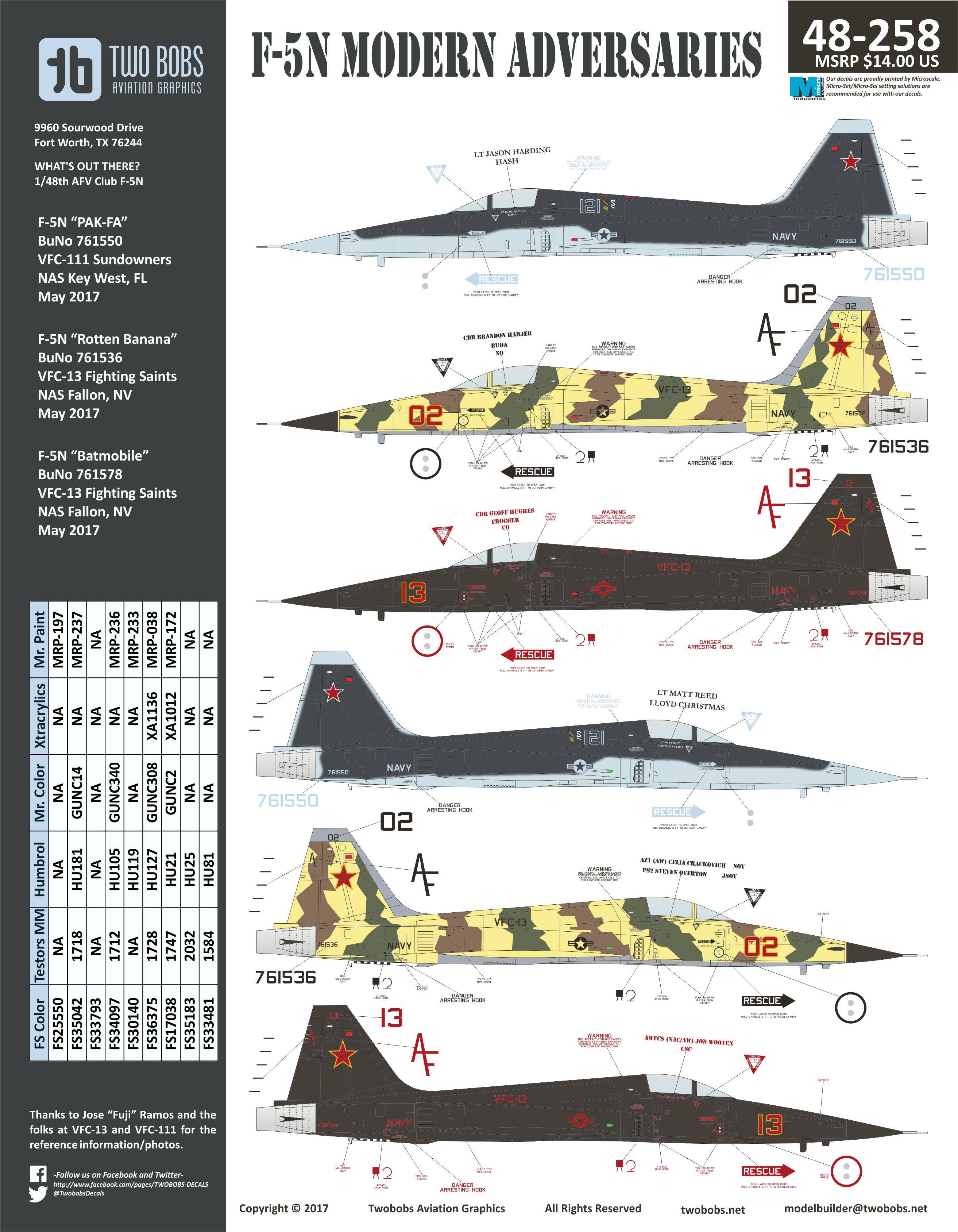 Accessoires - Décal Northrop F-5N modernes Adversaires- 1/48 -Two Bobs