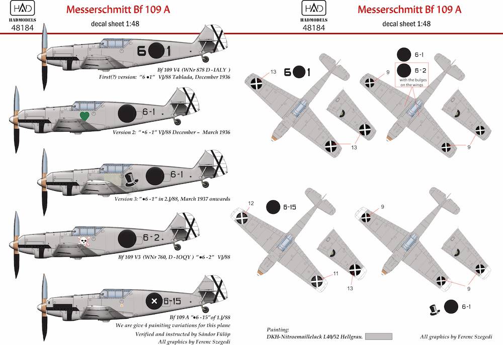 Accessoires - Décal Messerschmitt Bf-109A (V3 6.1, .6-1, .6-2, .6, -15