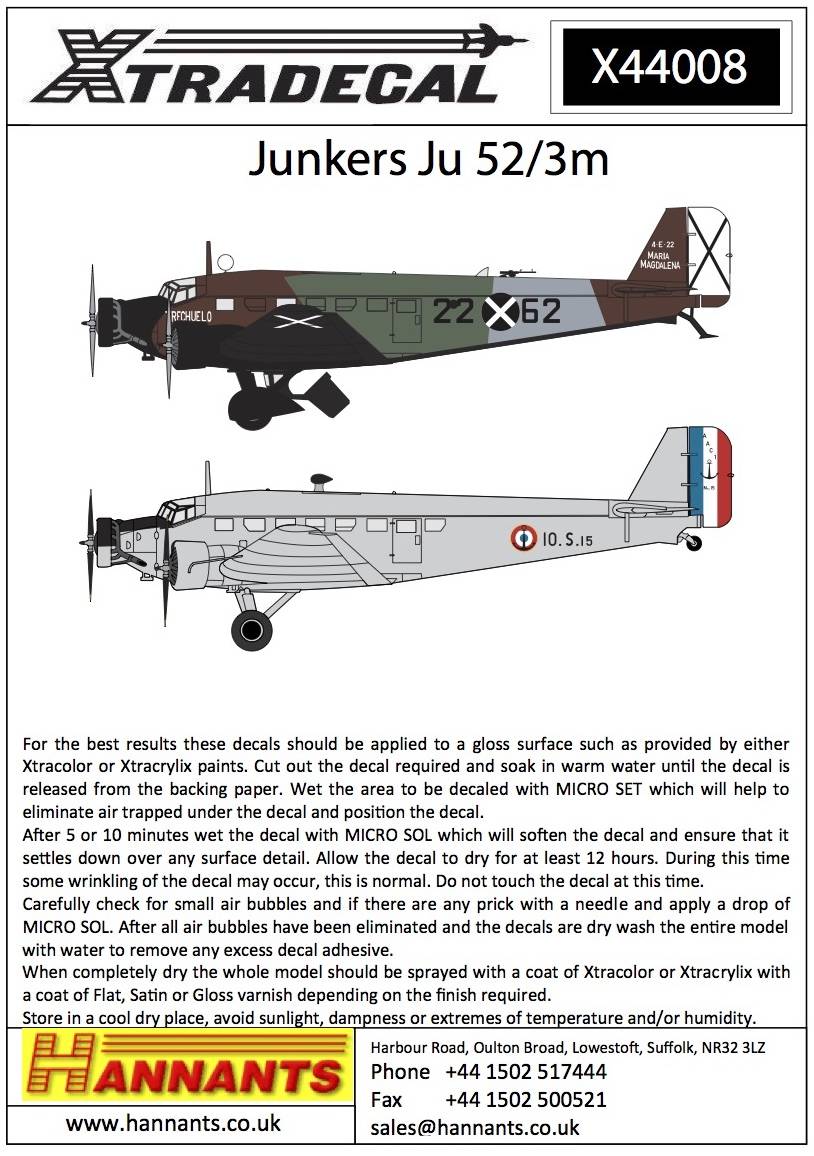 Accessoires - Décal Junkers Ju-52 / 3m (10) D-ALY-1/144-Xtradecal