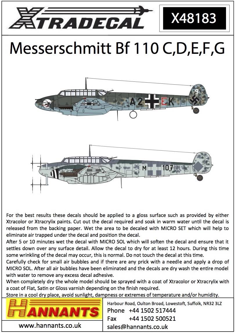 Accessoires - Décal Messerschmitt Bf-110C / Bf-110D / Bf-110E / Bf-110