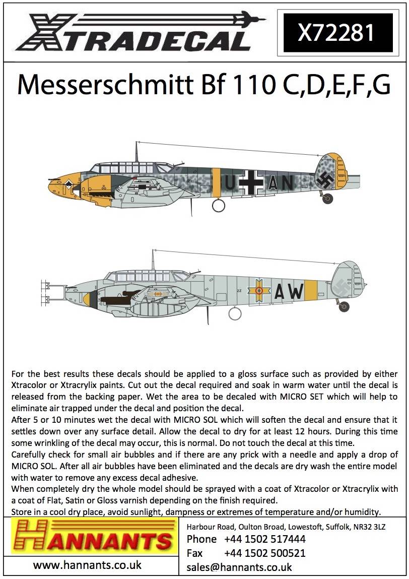 Accessoires - Décal Messerschmitt Bf-110C / Bf-110D / Bf-110E / Bf-110