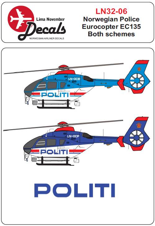Accessoires - Décal Police norvégienne Eurocopter EC135 les deux régim