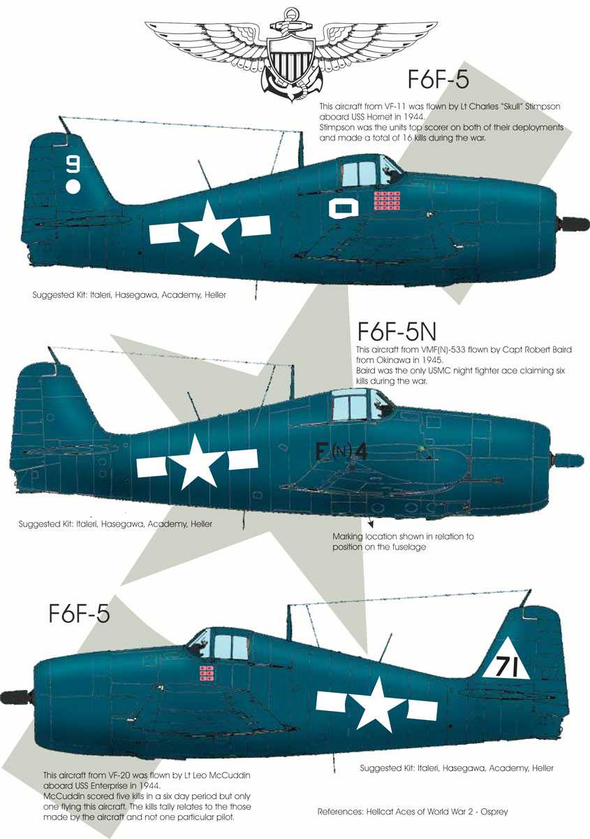 Accessoires - Décal Grumman F6F Hellcat AcesF6F-5 9 Lt Charles Skull S