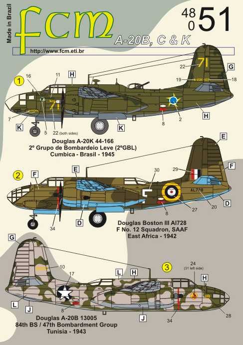 Accessoires - Décal Douglas A-20B/A-20C/A-20H (FAB, USAAF, SAAF)- 1/48