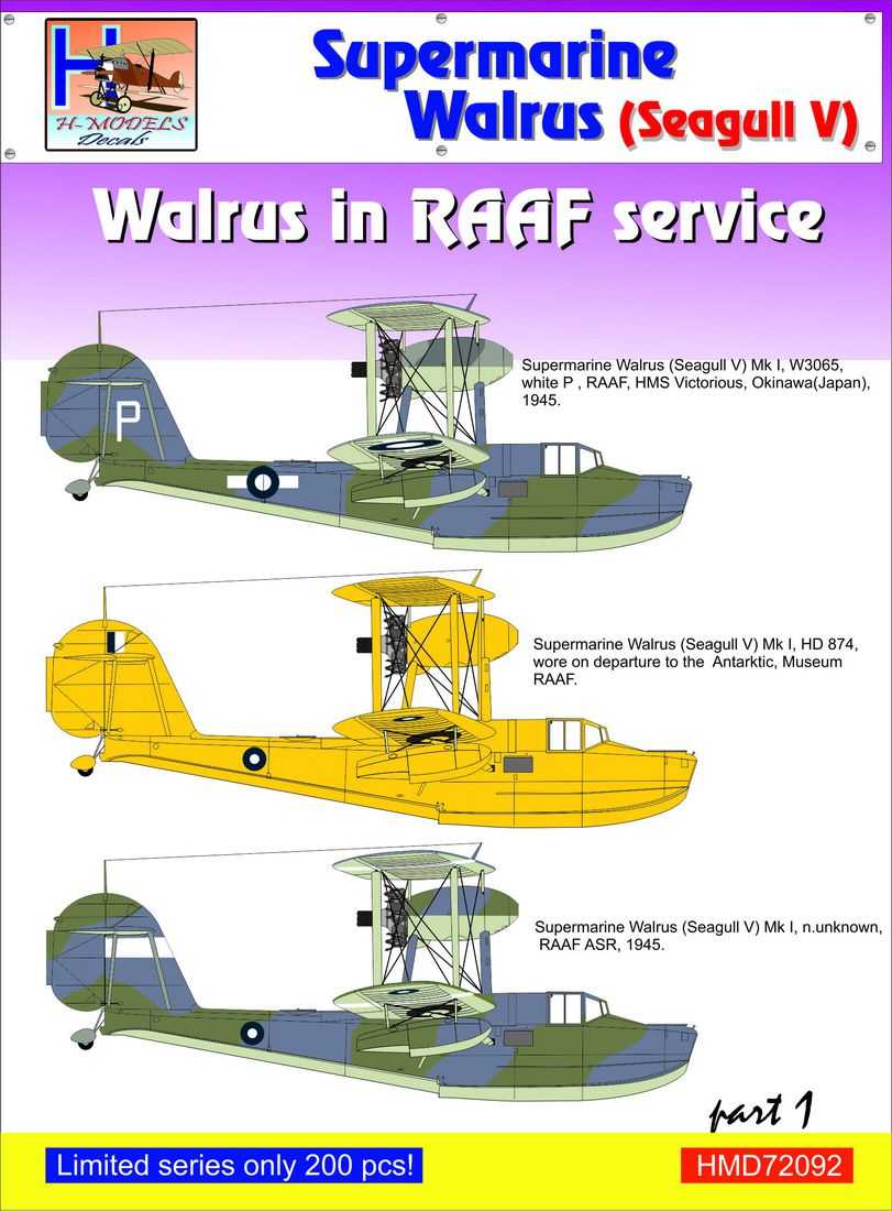 Accessoires - Décal Supermarine Walrus Mk.I / Seagull Mk.V dans le ser