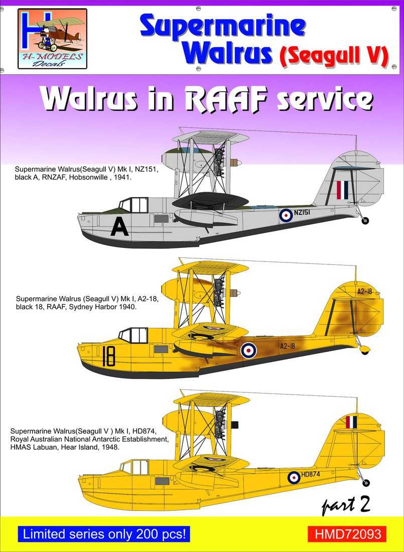 Accessoires - Décal Supermarine Walrus Mk.I / Seagull Mk.V dans le ser