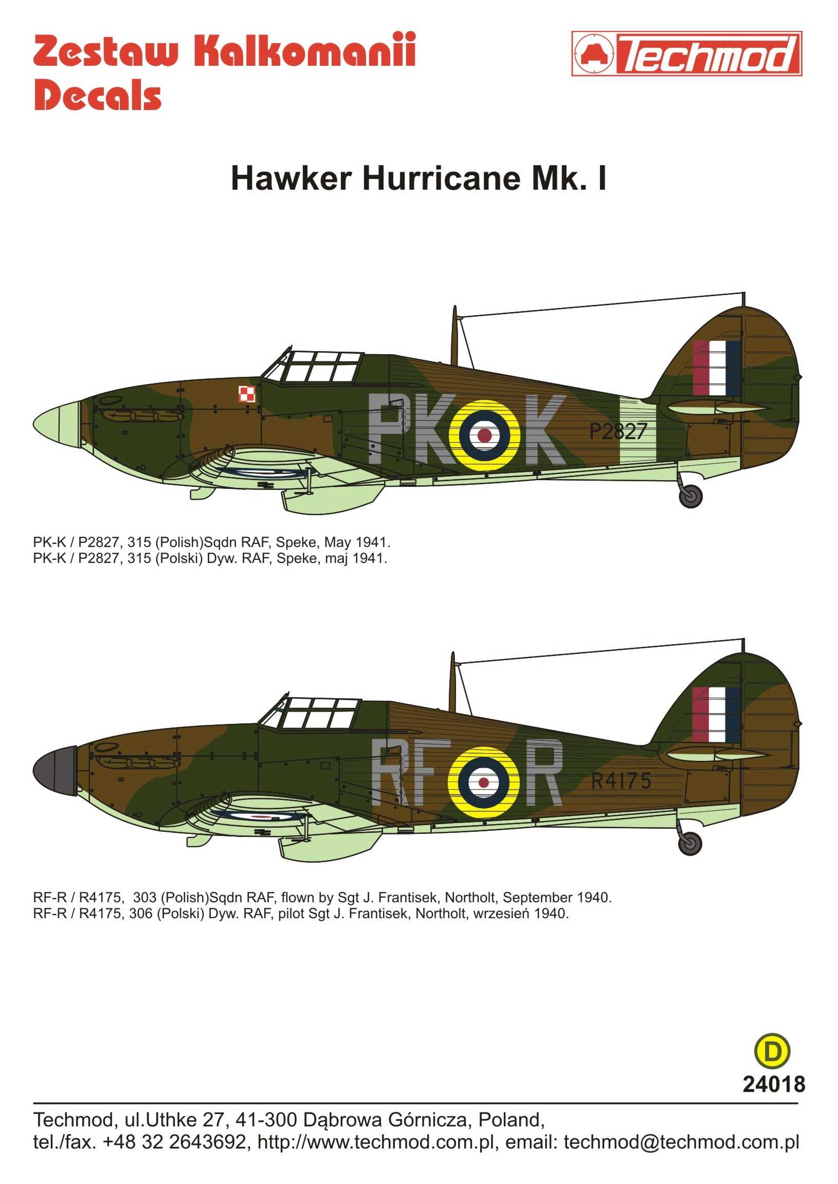 Accessoires - Décal Hawker Hurricane Mk.Ic- 1/24 -Techmod