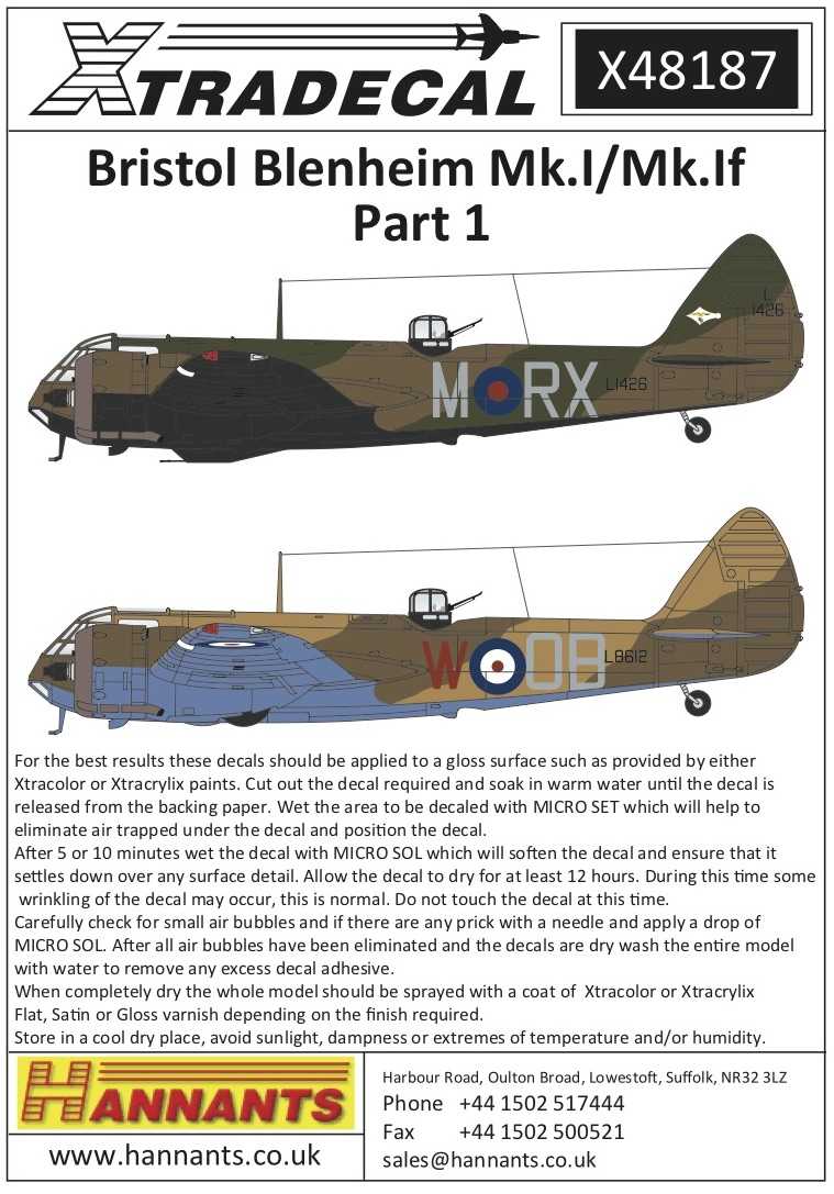 Accessoires - Décal Bristol Blenheim Mk.I (4) K7078 139 Escadrille RAF