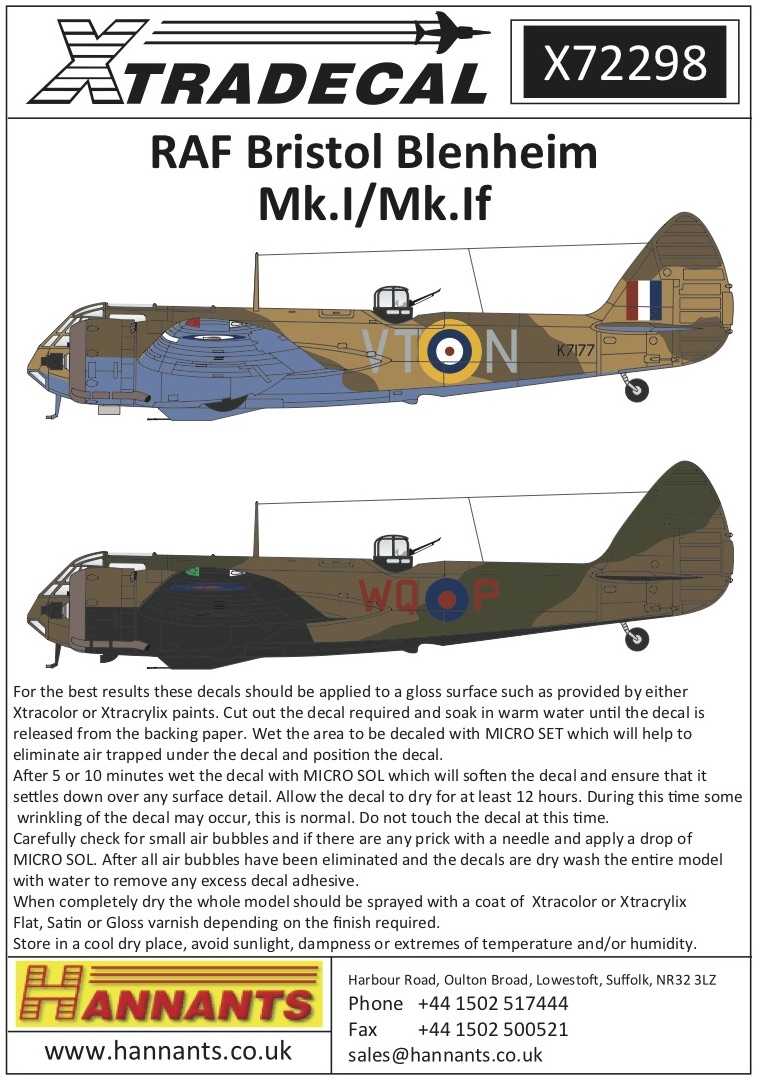 Accessoires - Décal Bristol Blenheim Mk.I / Mk.If (11) Mk.1 K7078 38e 