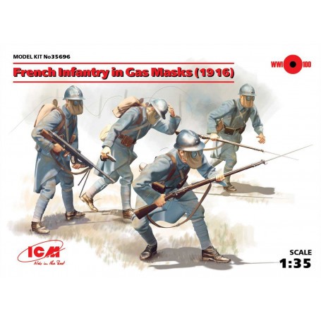 Figurine L'infanterie française dans les masques à gaz (1918) (4 figures)  L'ensemble comprend une figure du Sergent et les figu